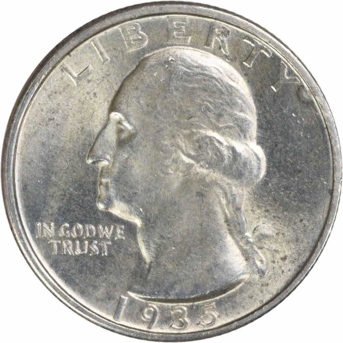 1935-D Washington 25C Silver Coin Choice BU Uncertified: 1935-D Washington 25C Silver Coin Choice BU Uncertified This 1935-D Washington Quarter is composed of silver and remains in uncirculated, pre-owned condition. Graded as Choice Brilliant Uncirculated (