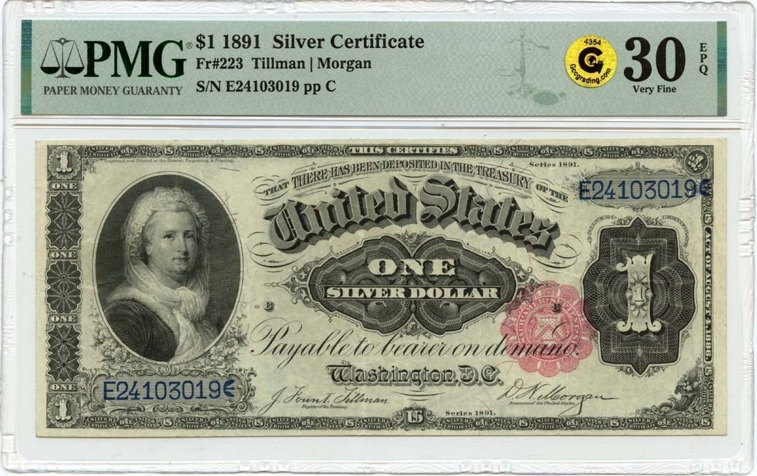 1891 Martha Silver Certificate PMG VF30 EPQ: 1891 Martha Silver Certificate PMG VF30 EPQ This is an 1891 $1 Silver Certificate featuring Martha, graded VF30 by PMG. The note is circulated and comes from the United States. It is a pre-owned colle