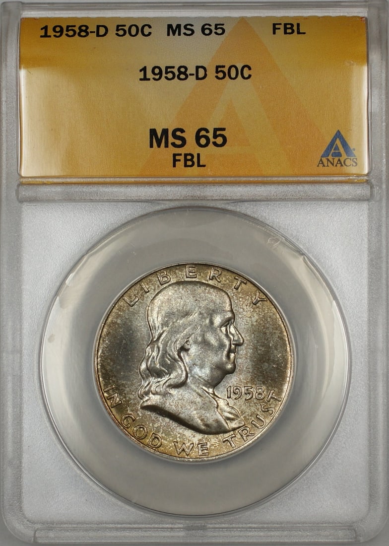 ANACS MS65 FBL 1958-D Franklin Silver Half Dollar Toned Uncirculated: ANACS MS65 FBL 1958-D Franklin Silver Half Dollar Toned Uncirculated This 1958-D Franklin Half Dollar coin is composed of silver and was minted in Denver, United States. It is certified by ANACS with 