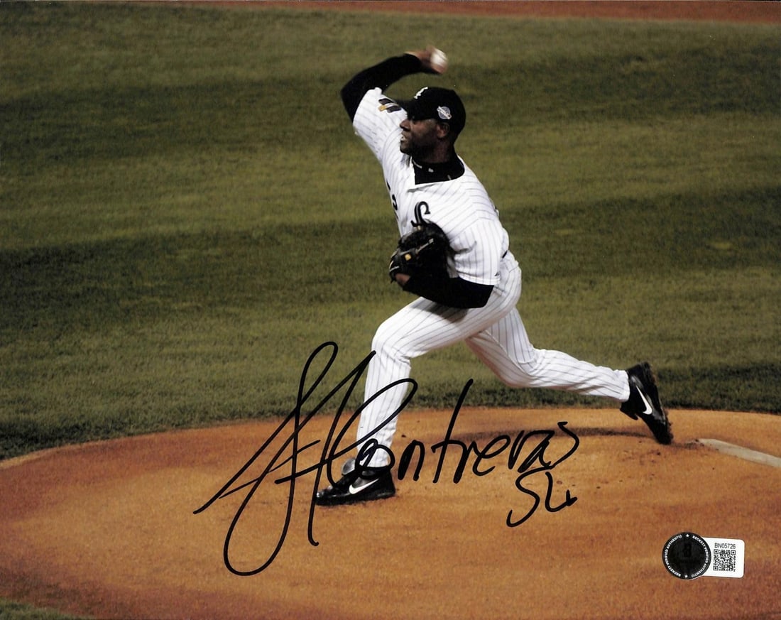 Beckett Authenticated Jose Contreras White Sox Signed 8x10 Photo: Beckett Authenticated Jose Contreras White Sox Signed 8x10 Photo This is an 8x10 color photograph featuring pitcher Jose Contreras in action for the Chicago White Sox. The image is boldly hand-signed 