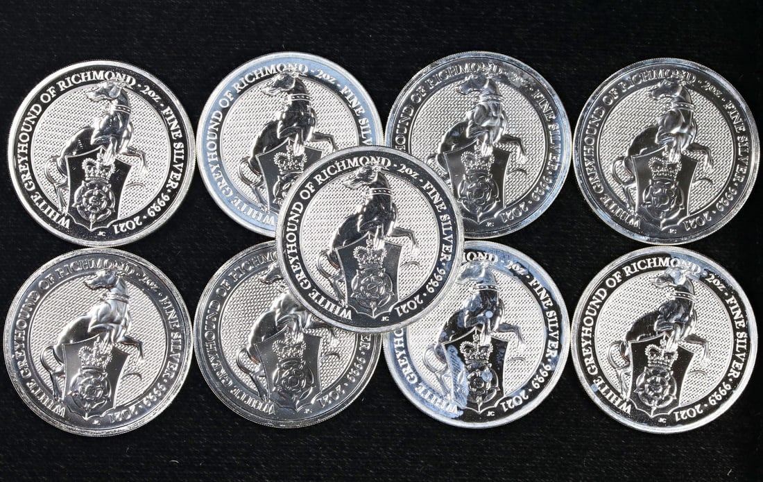 9 Coin Lot 2 Ounce Silver White Greyhound of Richmond Great Britain 2021 (1 of 2)