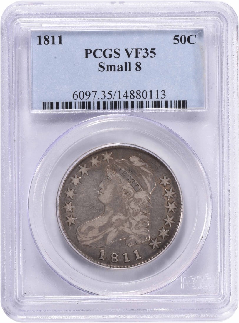 1811 Bust Silver Half Dollar VF PCGS Certified John Reich Design: 1811 Bust Silver Half Dollar VF PCGS Certified John Reich Design This 1811 Bust Silver Half Dollar is a remarkable piece from the Philadelphia mint, featuring the classic design by John Reich. Certifi