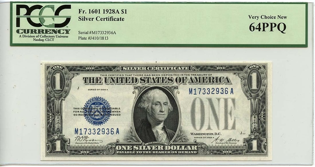 PCGS CU 64 PPQ 1928A $1 Silver Certificate Blue Seal Fr 1601 Woods Mellon: PCGS CU 64 PPQ 1928A $1 Silver Certificate Blue Seal Fr 1601 Woods Mellon This is a 1928A $1 Silver Certificate, Blue Seal, graded MS64 by PCGS Currency. The note is uncirculated and features the Wood