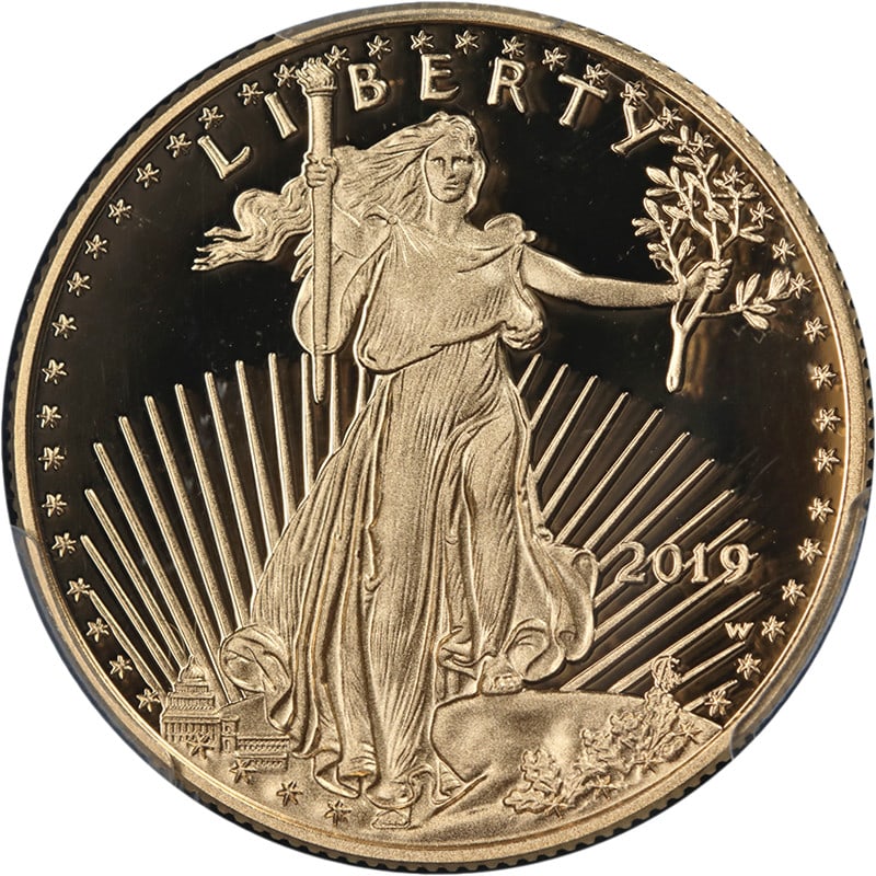 PCGS PR70 DCAM 2019-W $25 Gold Eagle Proof First Strike Coin: PCGS PR70 DCAM 2019-W $25 Gold Eagle Proof First Strike Coin This is an original 2019-W Gold American Eagle $25 Proof coin, certified by PCGS as PR70 DCAM First Strike. The coin features a fineness of