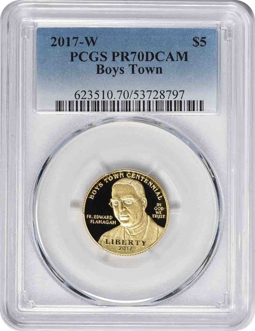 PCGS PR70DCAM 2017-W Boys Town $5 Gold Proof: PCGS PR70DCAM 2017-W Boys Town $5 Gold Proof This is a 2017-W Boys Town Commemorative $5 gold coin, graded PR70 Deep Cameo by PCGS. It is an uncirculated proof coin, struck at the West Point Mint, and