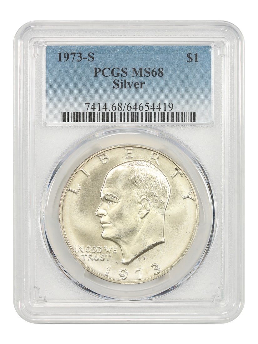 PCGS MS68 1973-S Silver Eisenhower Dollar $1: PCGS MS68 1973-S Silver Eisenhower Dollar $1 1973-S $1 Ike Dollar certified by PCGS and graded MS68. This uncirculated silver dollar is from the San Francisco mint and is identified as part of the Ike