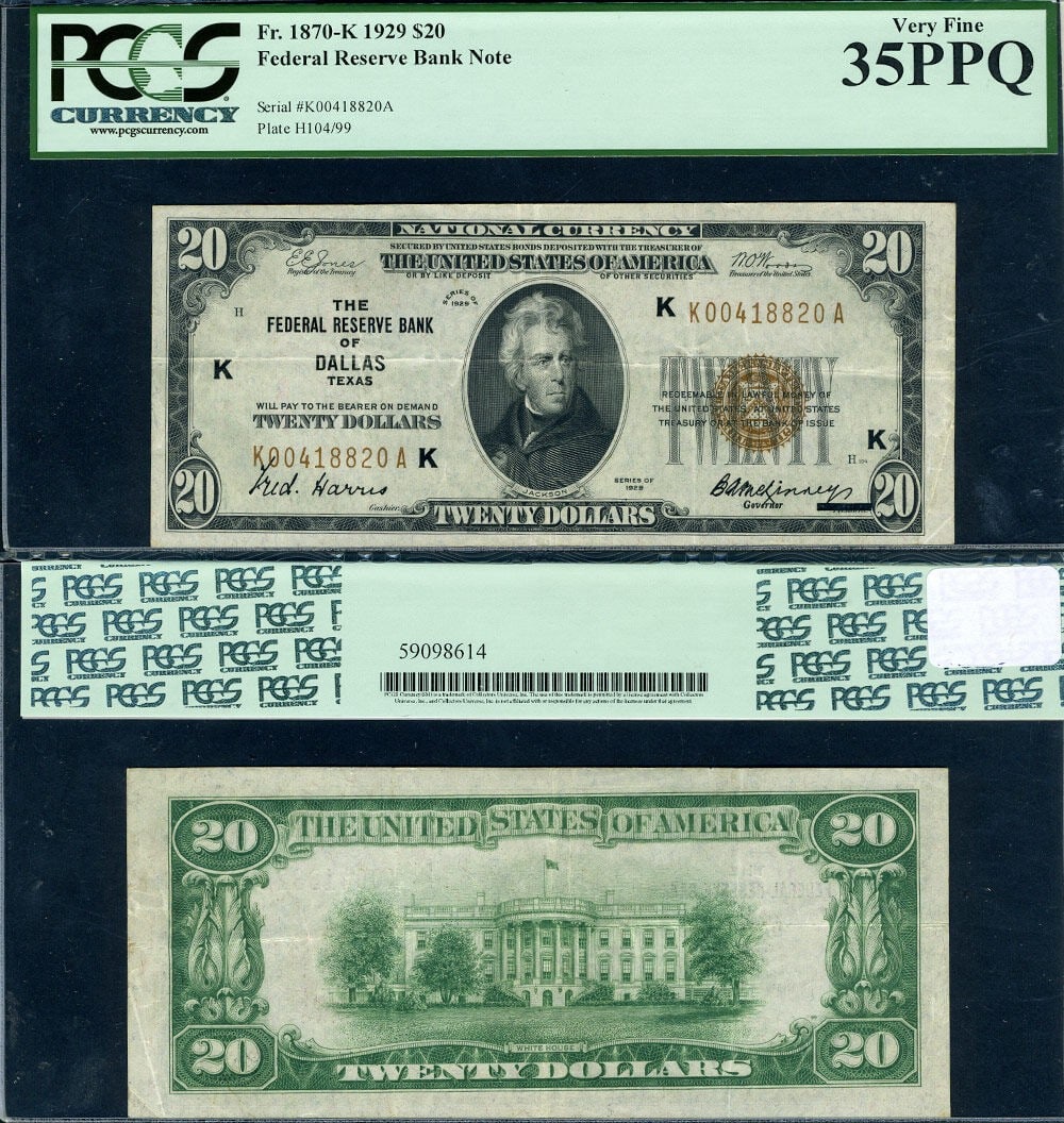 1929 Dallas $20 Federal Reserve Bank Note PCGS VF35 PPQ: 1929 Dallas $20 Federal Reserve Bank Note PCGS VF35 PPQ This is a 1929 $20 Federal Reserve Bank Note from the Dallas district, identified as FR. 1870 K and K-A Block. Certified by PCGS with a grade of