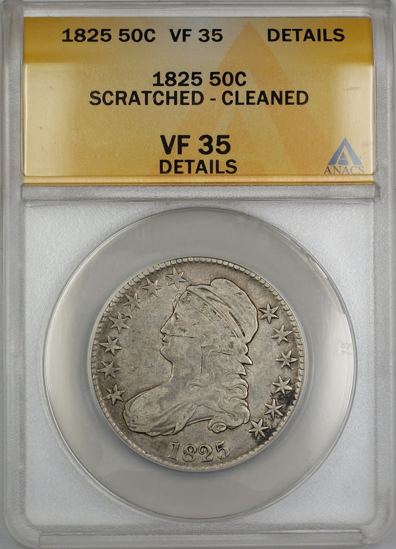 1825 Silver Capped Bust Half Dollar ANACS VF-35 Details Cleaned Scratched: 1825 Silver Capped Bust Half Dollar ANACS VF-35 Details Cleaned Scratched This 1825 Capped Bust Silver Half Dollar is certified by ANACS with a grade of VF-35 Details. The coin is circulated and has b