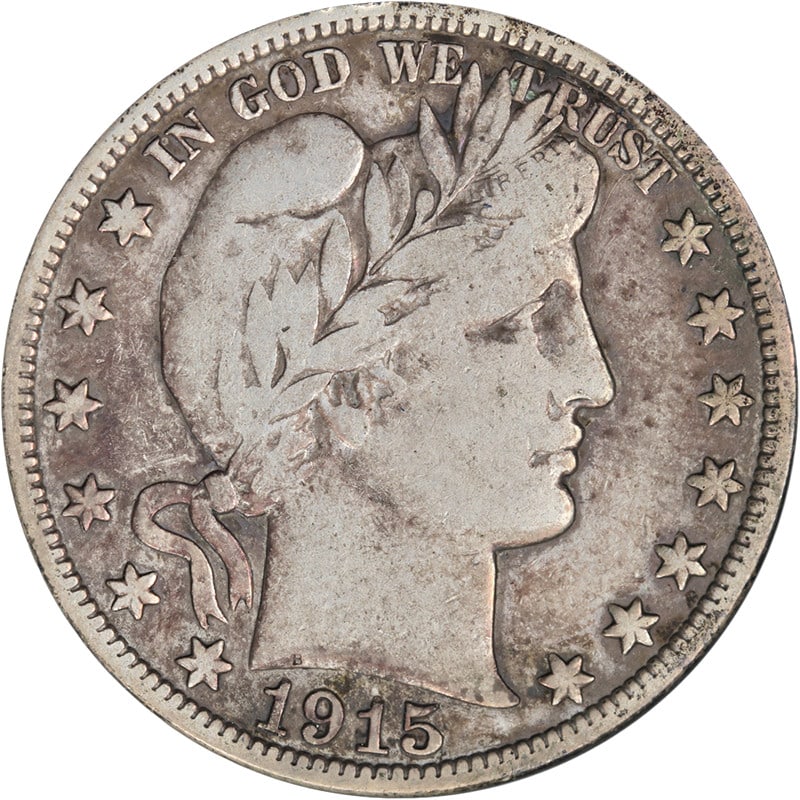 1915 P Barber Half Silver Half Dollar F VF Details: 1915 P Barber Half Silver Half Dollar F VF Details This 1915-P Barber Half Dollar is a circulated coin with Fine to Very Fine details. It features decent eye appeal and a well-executed strike, though 