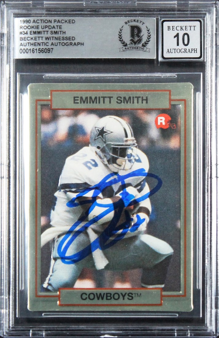Emmitt Smith Signed 1990 Action Packed Rookie Card Gem Mint 10 Beckett Authenticated: Emmitt Smith Signed 1990 Action Packed Rookie Card Gem Mint 10 Beckett Authenticated This Emmitt Smith signed 1990 Action Packed #34 rookie card is a must-have for any football enthusiast. Graded Gem 