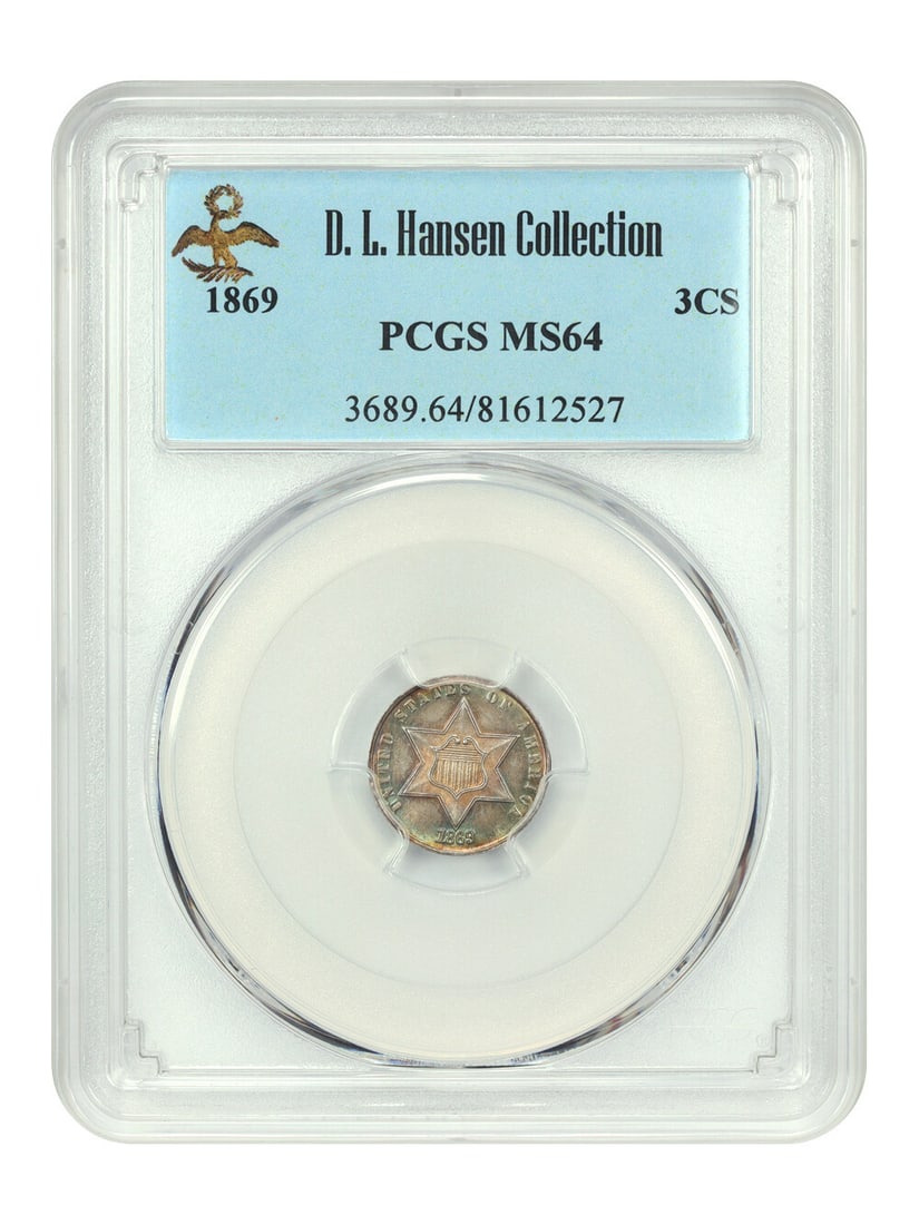 PCGS MS64 1869 Three Cent Silver ex D L Hansen: PCGS MS64 1869 Three Cent Silver ex D L Hansen 1869 Three Cent Silver coin graded MS64 by PCGS and housed in a protective holder. This uncirculated Philadelphia issue is from a mintage of 4,500 and is
