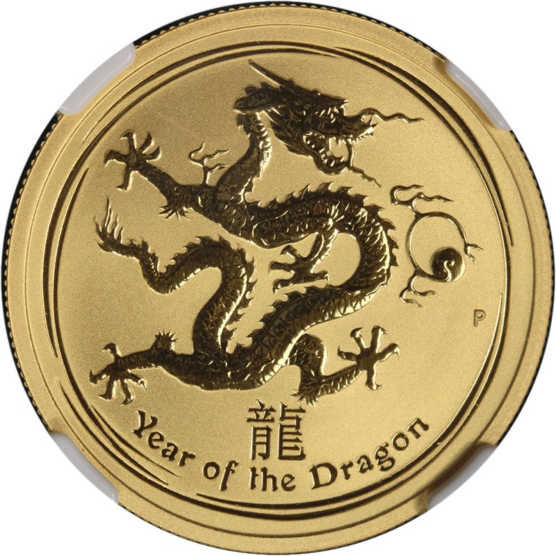 Australia 2012-P Lunar Series II Year of Dragon Gold $50 NGC MS70: Australia 2012-P Lunar Series II Year of Dragon Gold $50 NGC MS70 2012-P Australia 1/2 Ounce Gold $50 Year of Dragon Lunar Series II coin graded NGC MS70. It is an uncirculated gold issue with superb 