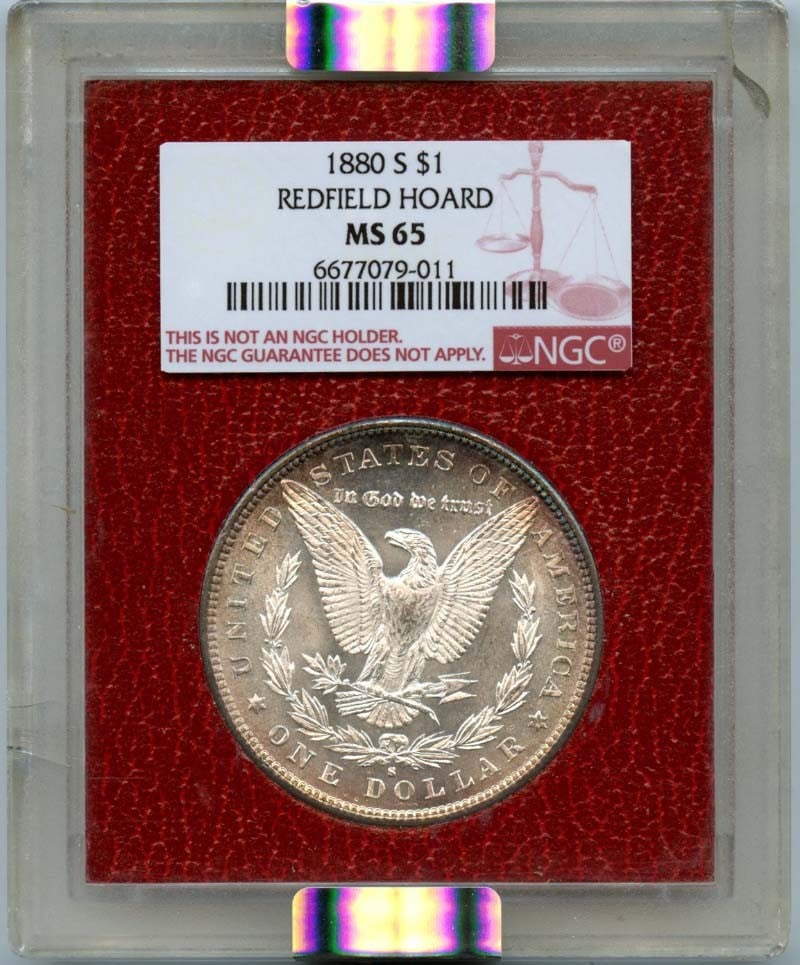 1880-S Morgan Dollar NGC MS65 Redfield Hoard Uncirculated Coin: 1880-S Morgan Dollar NGC MS65 Redfield Hoard Uncirculated Coin This 1880-S Morgan Dollar, certified by NGC with a grade of MS65, is a remarkable addition for collectors. Struck at the San Francisco Mi