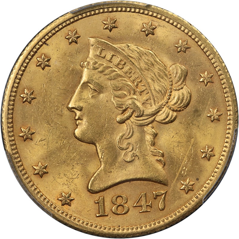 1847-P Liberty Gold $10 PCGS MS62+ Superb Luster Strong Strike: 1847-P Liberty Gold $10 PCGS MS62+ Superb Luster Strong Strike This stunning 1847-P Liberty Gold $10 coin is certified by PCGS with a grade of MS62+, showcasing superb eye appeal and a strong strike. 