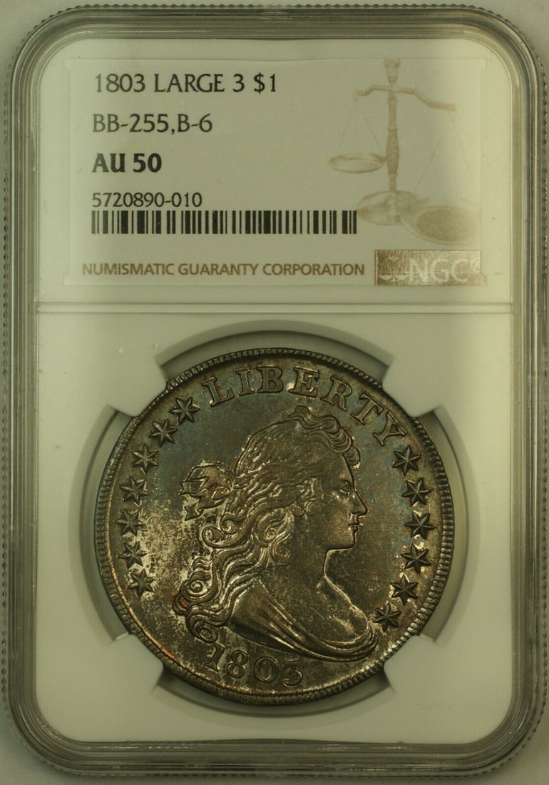 NGC AU-50 1803 Draped Bust Silver Dollar Large 3 BB-225 B-6 Toned: NGC AU-50 1803 Draped Bust Silver Dollar Large 3 BB-225 B-6 Toned This 1803 Large 3 Draped Bust Silver Dollar is graded AU-50 by NGC and features beautiful toning. Struck in Philadelphia, this circula