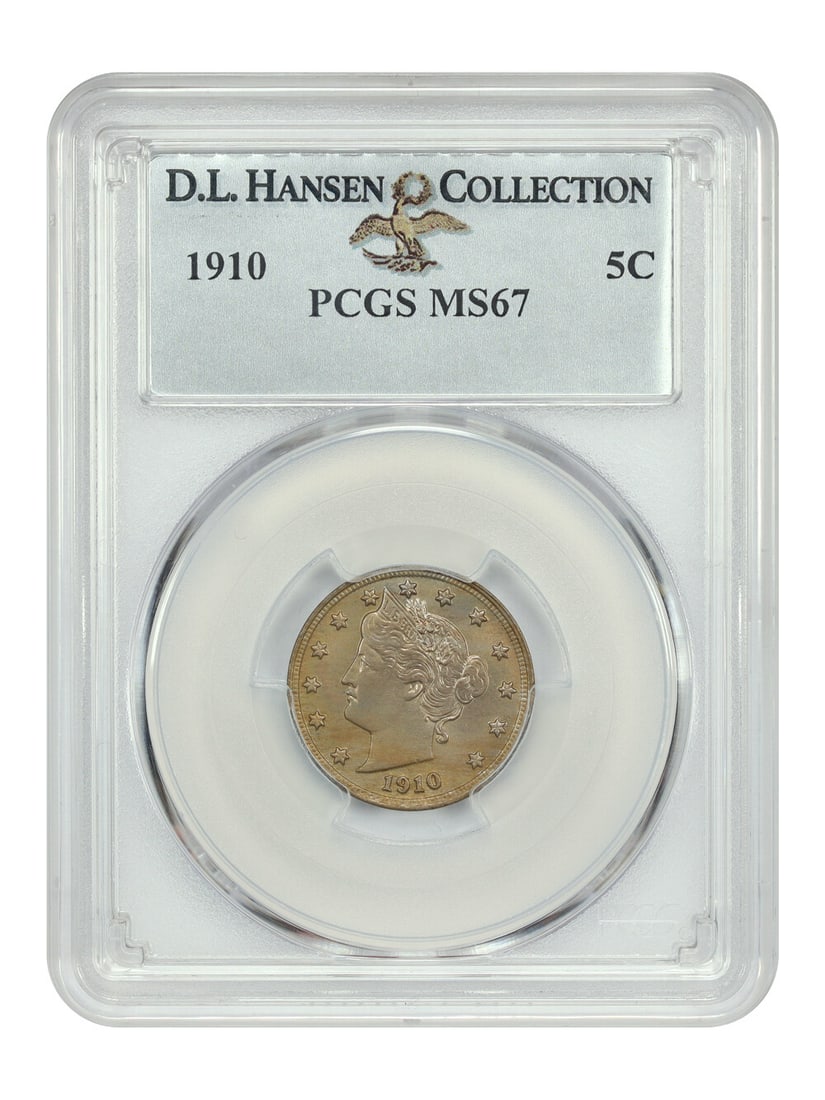 PCGS MS67 1910 Liberty Nickel 5C ex D.L. Hansen: PCGS MS67 1910 Liberty Nickel 5C ex D.L. Hansen This 1910 Liberty Nickel is certified by PCGS and graded MS67. It is an uncirculated Philadelphia issue with certification number 38283397. The coin is 