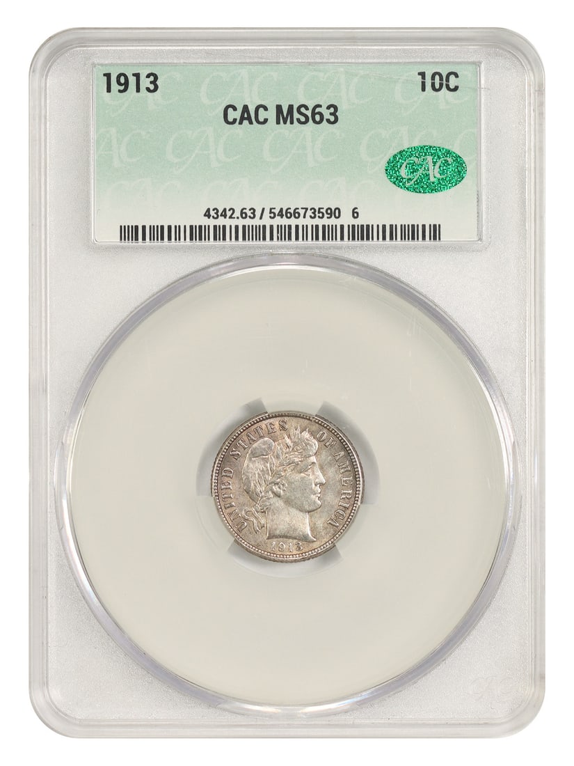 CACG MS63 1913 Barber Dime 10C Philadelphia: CACG MS63 1913 Barber Dime 10C Philadelphia A 1913 Barber Dime graded MS63 by CACG. The coin has a 10C denomination, was minted in Philadelphia, and is listed as uncirculated. Certification number 546