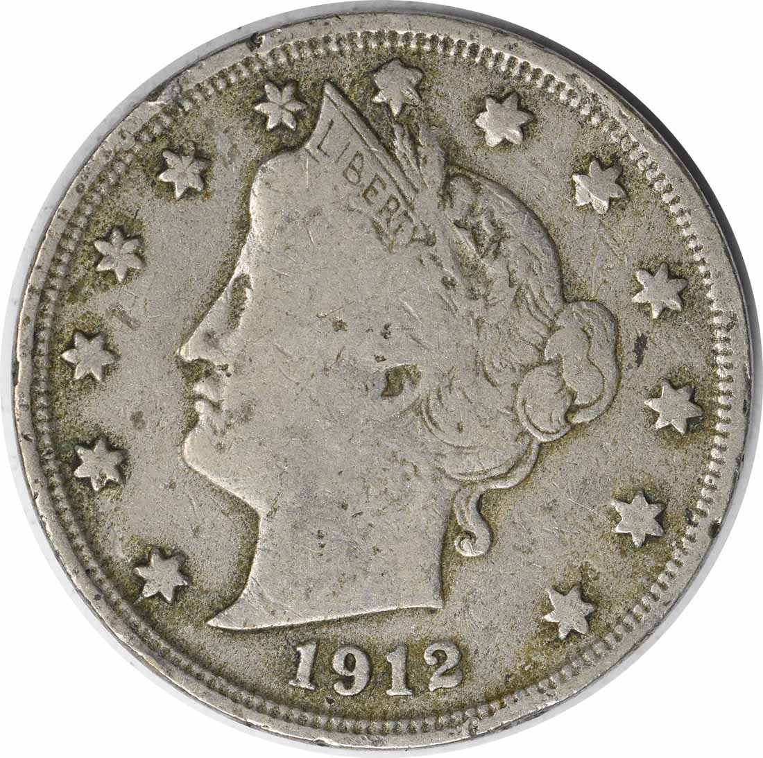 1912 S Liberty 5C Nickel Fine Uncertified: 1912 S Liberty 5C Nickel Fine Uncertified This is a 1912-S Liberty Nickel from the United States. The coin is in Fine (F) grade and has been circulated. It is composed of nickel and features the class
