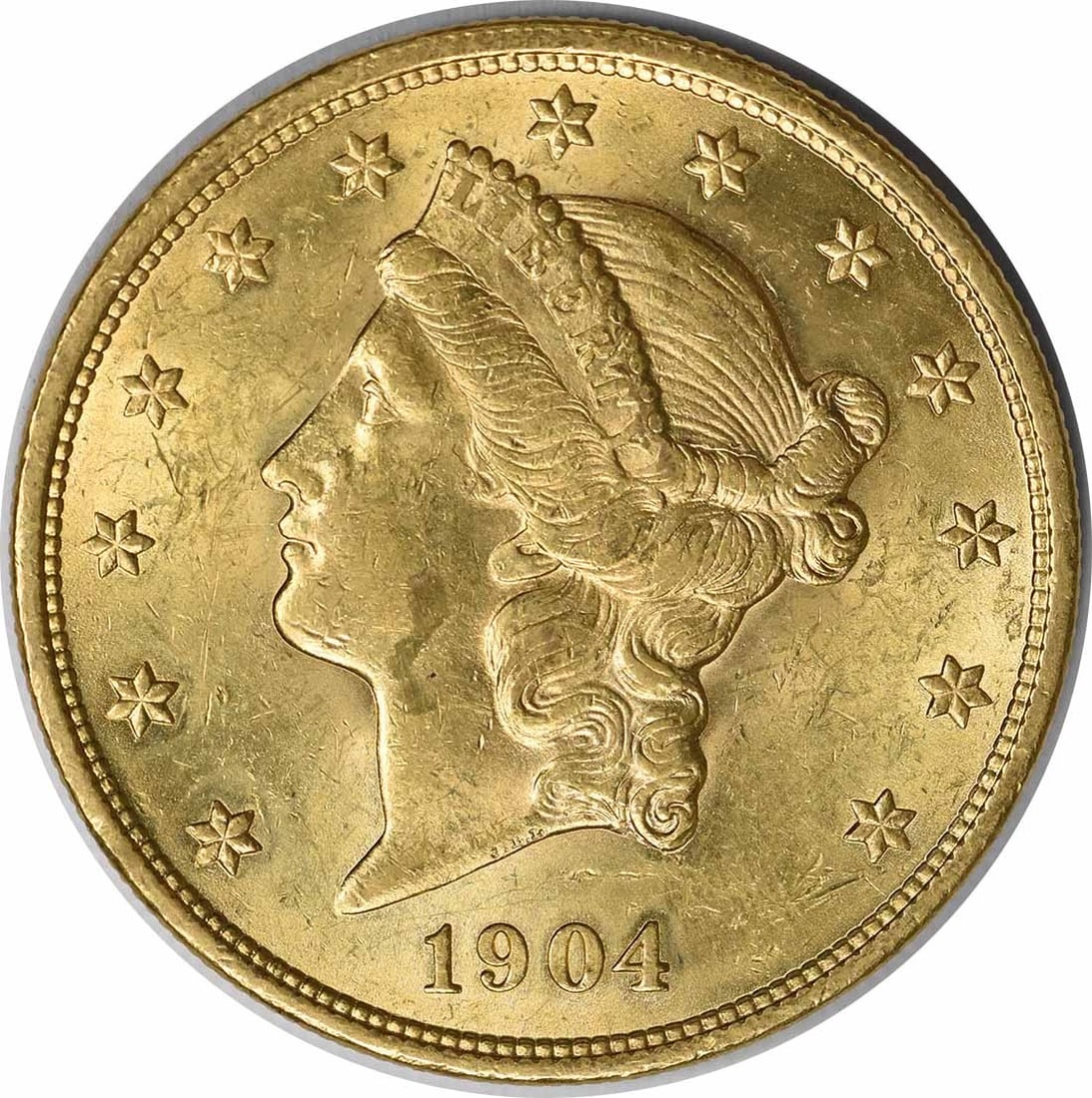 1904 Liberty Head $20 Gold Coin AU Uncertified: 1904 Liberty Head $20 Gold Coin AU Uncertified This 1904 $20 Gold Liberty Head coin is an attractive example from the Philadelphia Mint. Featuring the classic Liberty Head design by James Barton Longa