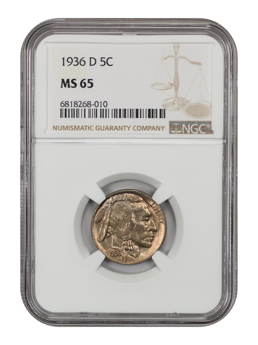 NGC MS65 1936-D Buffalo Nickel 5C: NGC MS65 1936-D Buffalo Nickel 5C 1936-D Buffalo Nickel graded MS65 by NGC. The coin is uncirculated and from the Denver mint. It is listed as pre-owned. Specifications Denomination: 5C Year: 1936 Min