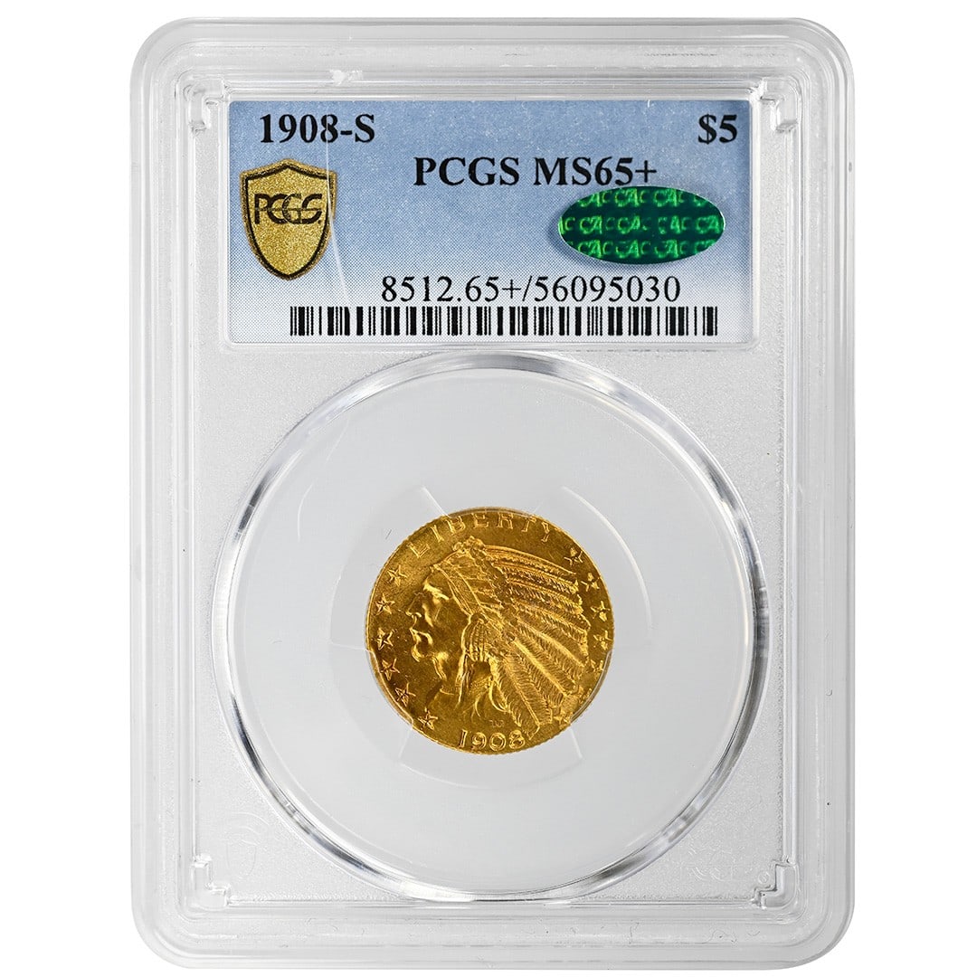 PCGS MS65+ CAC 1908-S Indian $5 Gold Coin (1 of 4)