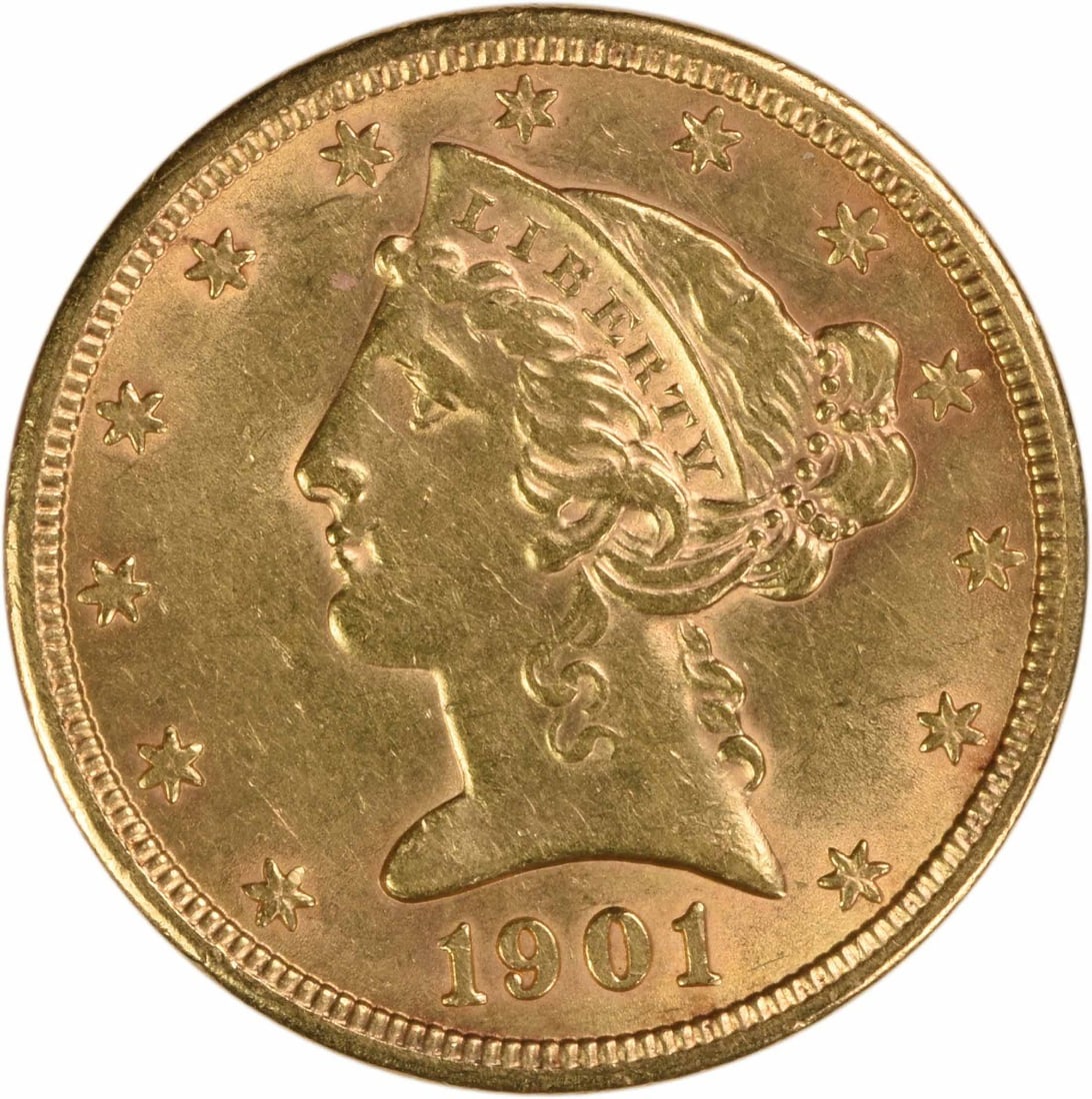 1901 Liberty Head Five Dollar Gold Coin AU Uncertified Philadelphia Mint: 1901 Liberty Head Five Dollar Gold Coin AU Uncertified Philadelphia Mint This 1901 $5 Gold Liberty Head coin features the classic design by Christian Gobrecht and was minted in Philadelphia. Composed 