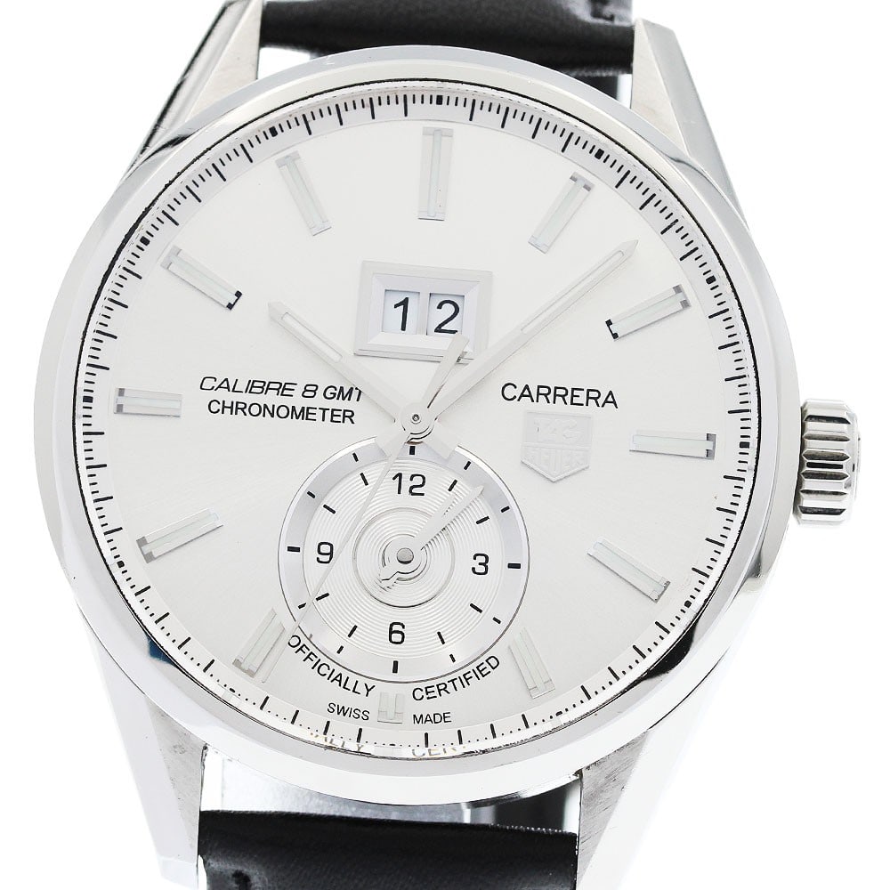 TAG Heuer Carrera WAR5011 Grand Date GMT Mens Automatic Wristwatch: TAG Heuer Carrera WAR5011 Grand Date GMT Mens Automatic Wristwatch TAG Heuer Carrera Grand Date GMT automatic men's wristwatch. This pre-owned Swiss-made watch is identified as a Carrera Grand Date GM