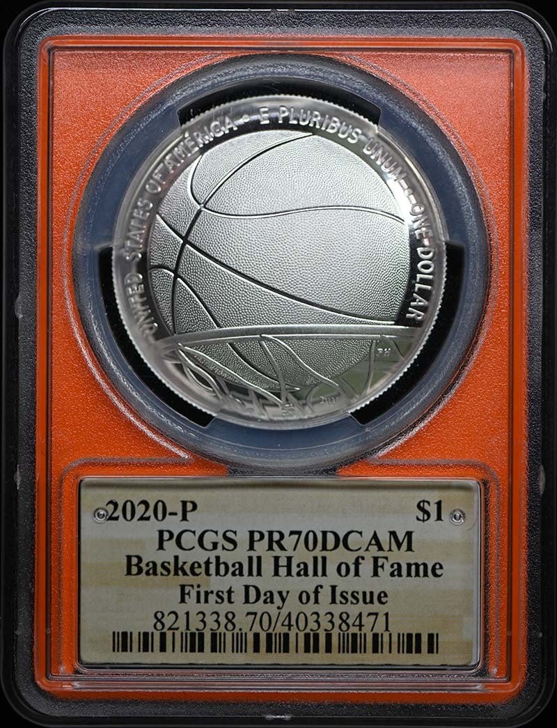 2020-P $1 Silver Basketball Coin PCGS PR70DCAM Signed: 2020-P $1 Silver Basketball Coin PCGS PR70DCAM Signed This remarkable 2020-P $1 Silver Basketball Coin is a modern commemorative piece, certified by PCGS with a perfect PR70 grade. This uncirculated c