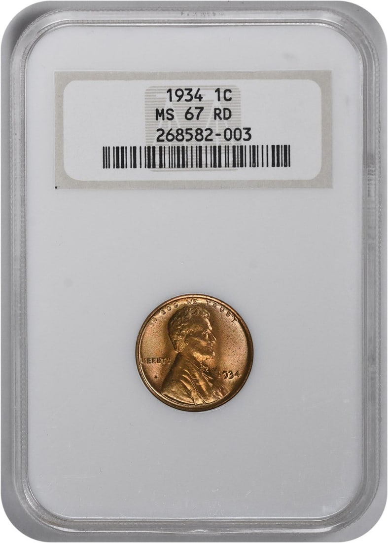 NGC MS67RD Lincoln Wheat Cent 1934 Philadelphia Small Cent: NGC MS67RD Lincoln Wheat Cent 1934 Philadelphia Small Cent This 1934 Lincoln Wheat Cent is certified by NGC and graded MS67RD, indicating it is uncirculated and in exceptional condition. Struck at the