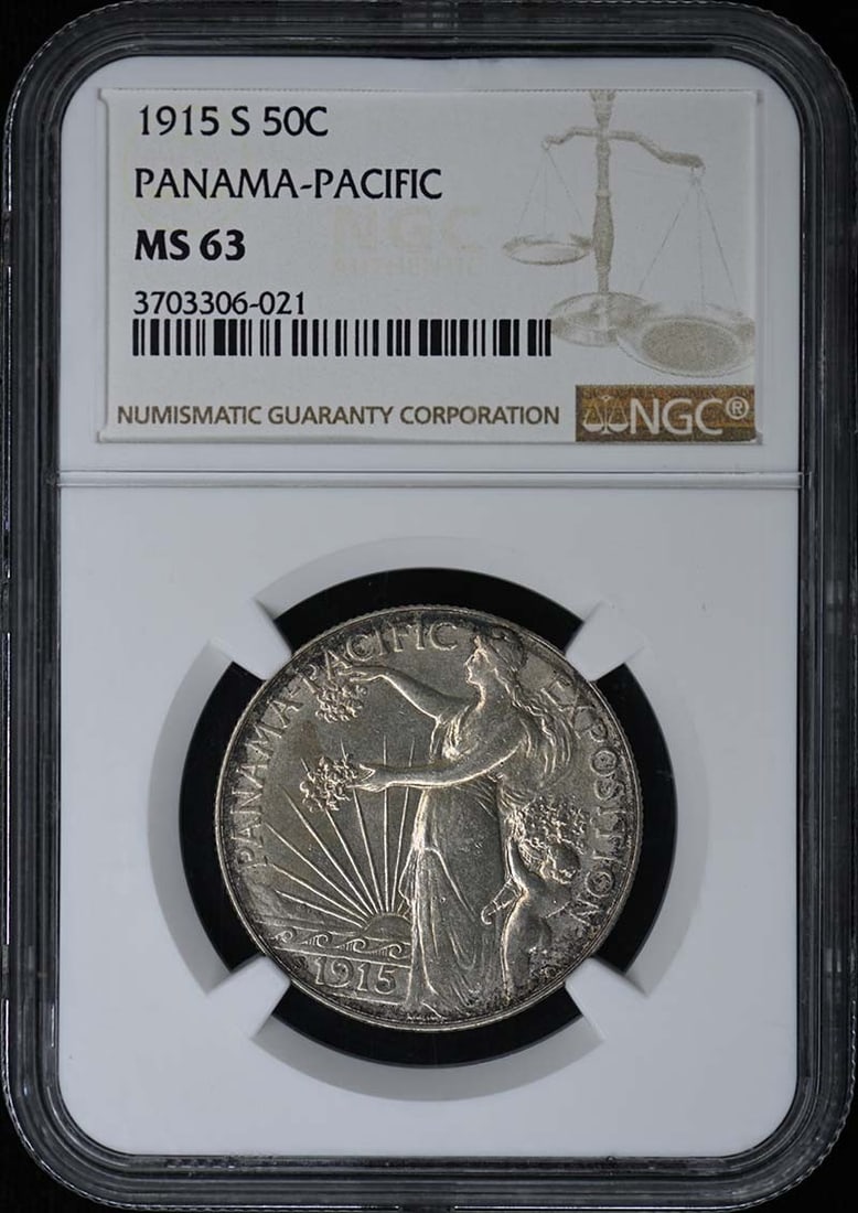1915-S Panama Pacific 50C NGC MS63 Commemorative Coin: 1915-S Panama Pacific 50C NGC MS63 Commemorative Coin This is a 1915 Panama Pacific 50-cent silver commemorative coin, graded MS63 by NGC. The coin is uncirculated and was minted in San Francisco. It 