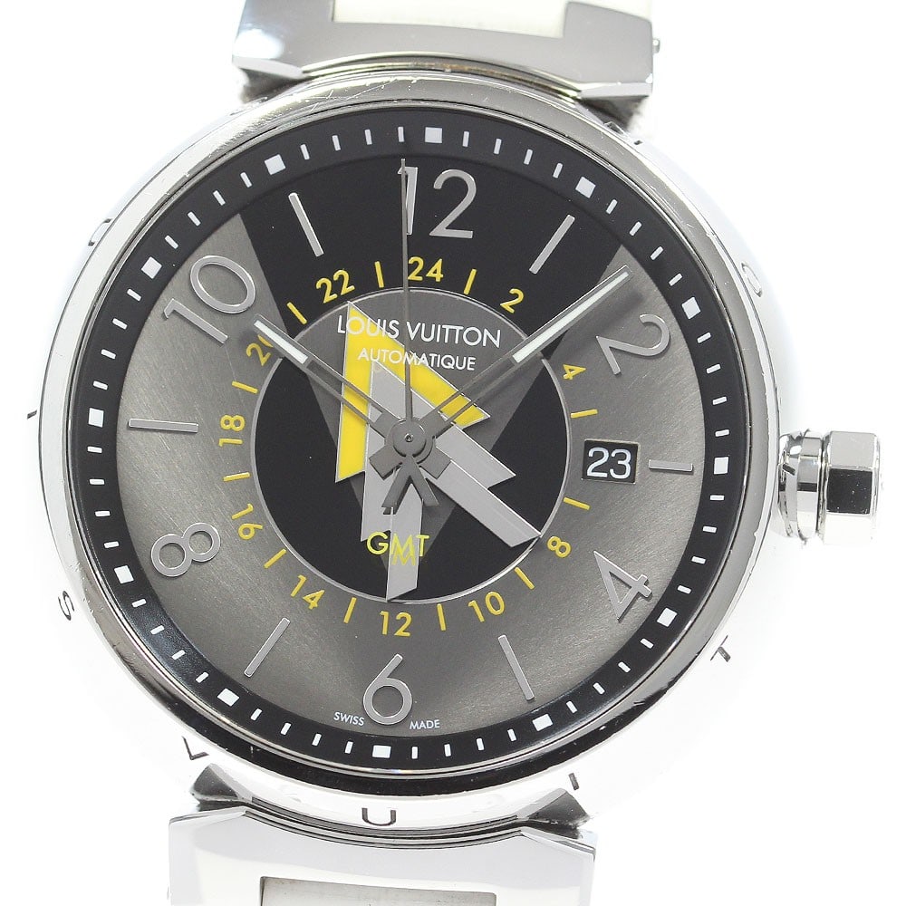 Louis Vuitton Tambour Q1D31 GMT Date mens wristwatch: Louis Vuitton Tambour Q1D31 GMT Date mens wristwatch A pre-owned men's wristwatch from Louis Vuitton, identified as the Tambour GMT Date model. It is a Swiss-made timepiece designed for everyday wear 