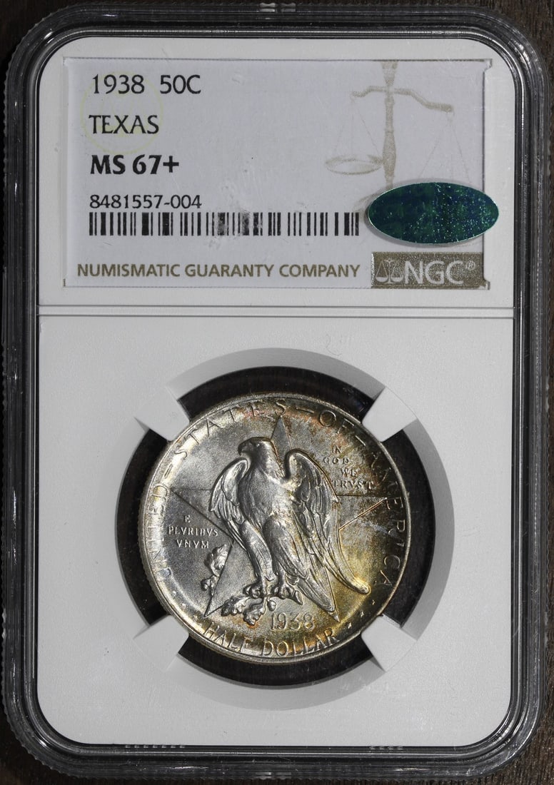 1938 Texas Centennial Silver Half Dollar NGC MS67 CAC: 1938 Texas Centennial Silver Half Dollar NGC MS67 CAC This 1938 Texas Centennial Commemorative Half Dollar is an uncirculated silver coin graded MS67+ by NGC and features the CAC endorsement. Issued t