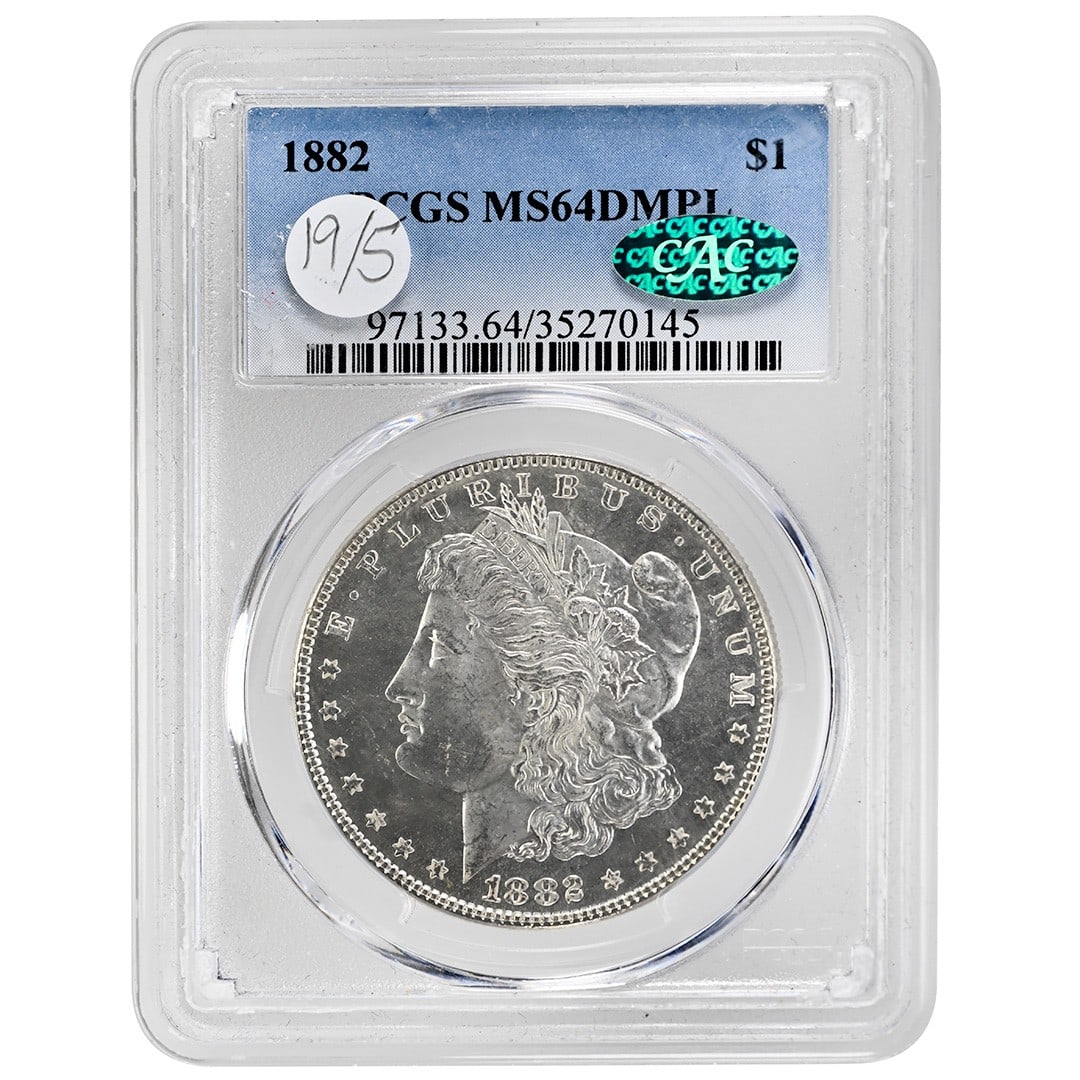 1882 Morgan silver dollar PCGS MS64DMPL CAC Philadelphia DMPL: 1882 Morgan silver dollar PCGS MS64DMPL CAC Philadelphia DMPL This 1882 Morgan Dollar is an uncirculated silver coin from the United States, graded MS64DMPL by PCGS and certified by CAC. It features a