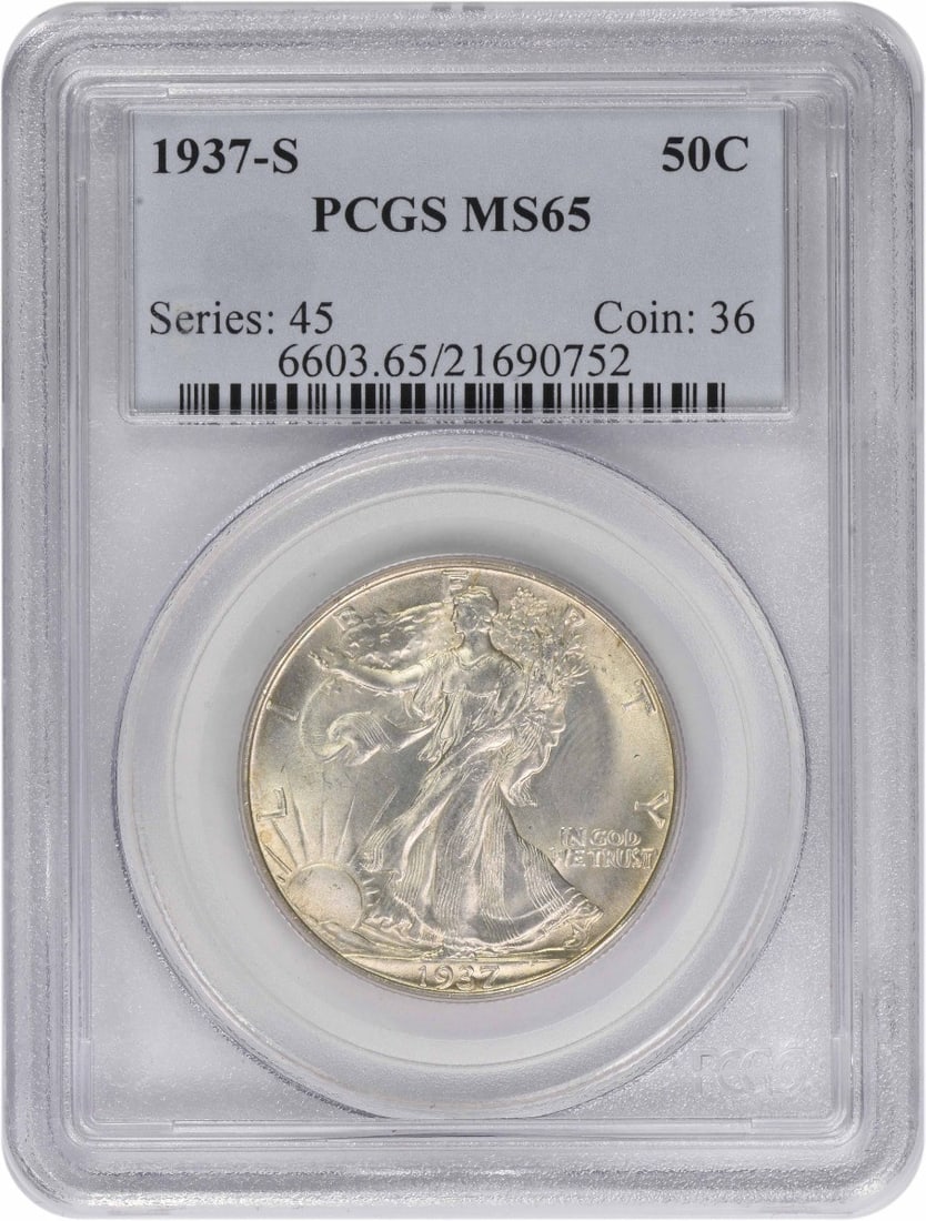 1937-S PCGS MS65 Walking Liberty Silver Half Dollar Coin: 1937-S PCGS MS65 Walking Liberty Silver Half Dollar Coin This 1937-S Walking Liberty Silver Half Dollar is graded MS65 by PCGS, ensuring its high quality and collectible value. This coin, designed by 