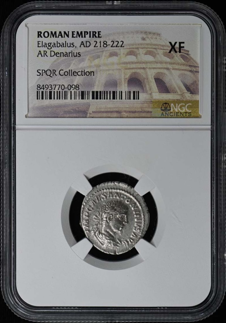 NGC XF40 Denarius Silver Coin from Reign of Elagabalus 218-222 AD: NGC XF40 Denarius Silver Coin from Reign of Elagabalus 218-222 AD This is a Roman Empire AR Denarius coin from the reign of Elagabalus, dated AD 218-222. The coin is certified by NGC and graded XF40, 