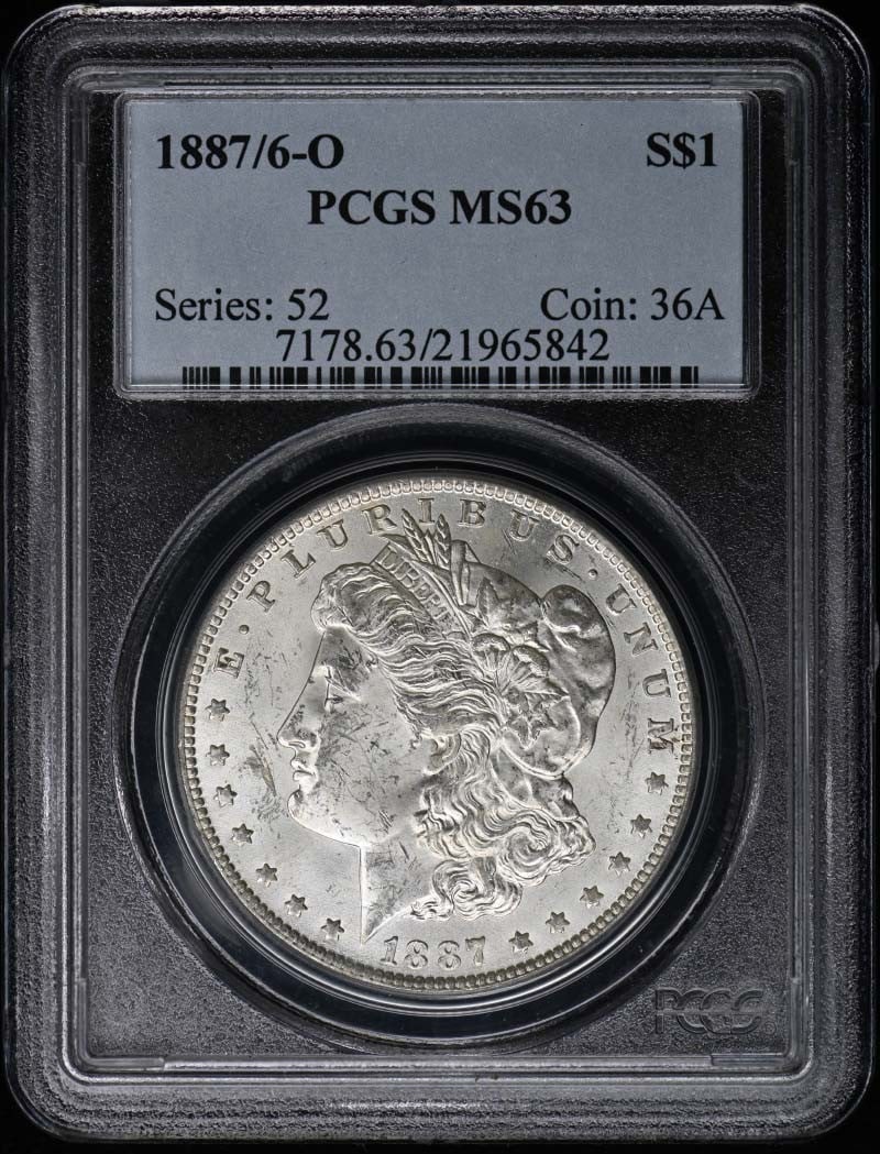 1887/6-O Morgan Dollar PCGS MS63 Uncirculated Coin: 1887/6-O Morgan Dollar PCGS MS63 Uncirculated Coin This 1887/6-O $1 Overdate Morgan Dollar is a certified treasure, graded MS63 by PCGS, ensuring its excellent condition. Minted in Philadelphia, this 