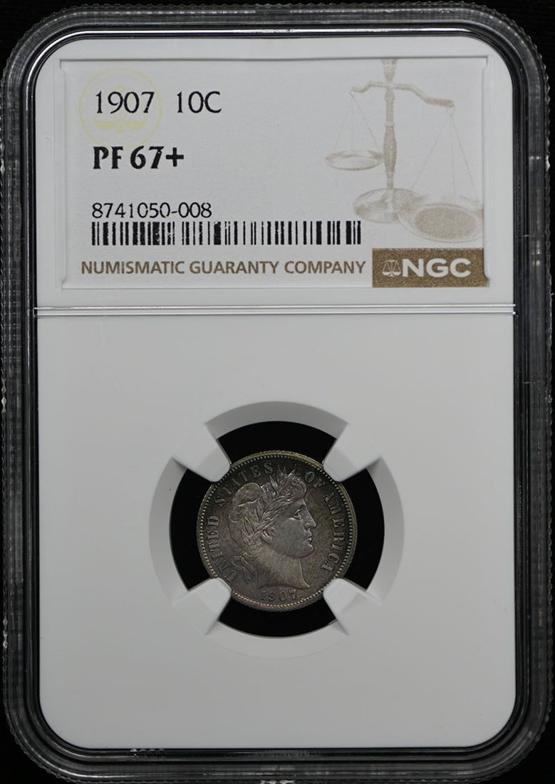 1907 Barber Dime NGC PR67+ Uncirculated Proof Coin: 1907 Barber Dime NGC PR67+ Uncirculated Proof Coin This 1907 Barber Dime is a stunning representation of American numismatic history, graded PR67+ by NGC, ensuring its exceptional quality. As an uncir
