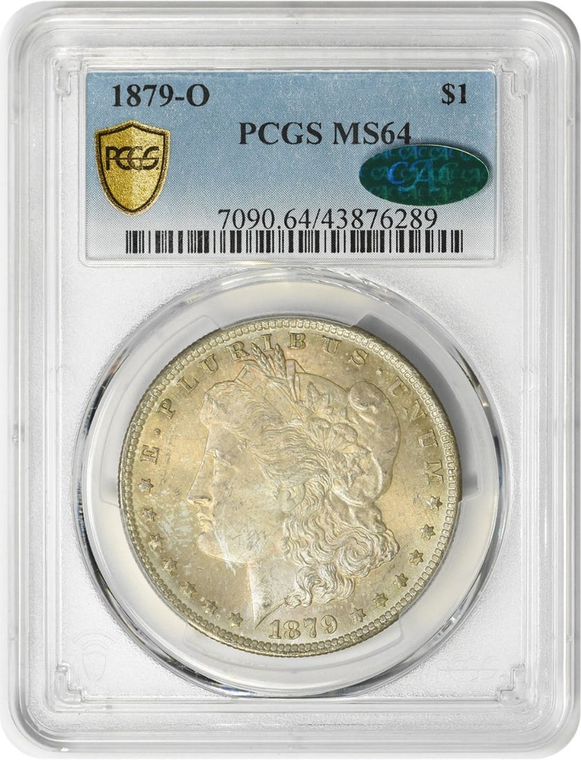 1879-O Morgan Silver Dollar MS64 PCGS Uncirculated Coin: 1879-O Morgan Silver Dollar MS64 PCGS Uncirculated Coin This stunning 1879-O Morgan Silver Dollar boasts a grade of MS64 from PCGS, confirming its uncirculated condition. Struck in 90% silver and 10% 