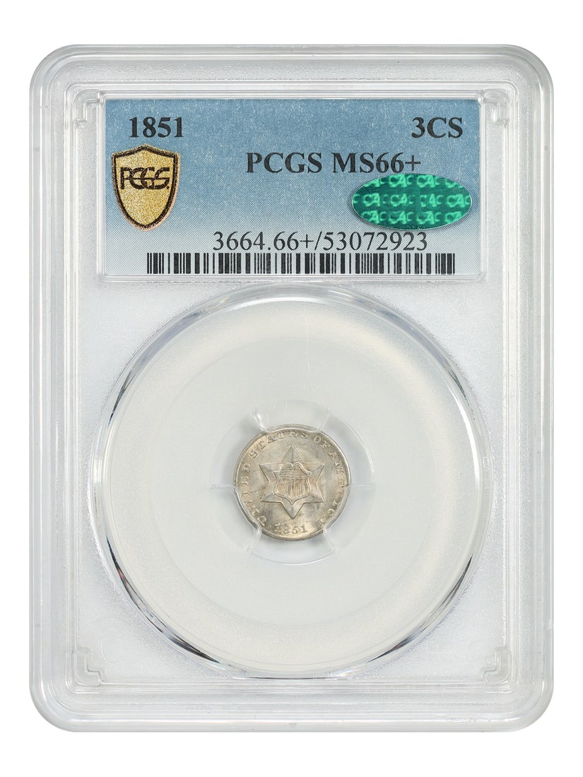1851 Three Cent Silver 3CS PCGS CAC MS66+: 1851 Three Cent Silver 3CS PCGS CAC MS66+ 1851 Three Cent Silver coin certified by PCGS and CAC, graded MS66+. It is an uncirculated Philadelphia issue from the first year of the series, described as 