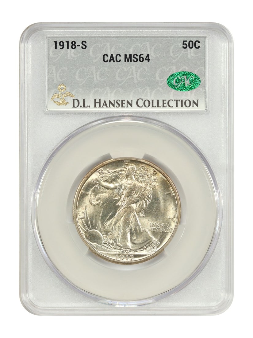 CACG MS64 1918-S Walking Liberty Half Dollar ex D.L. Hansen: CACG MS64 1918-S Walking Liberty Half Dollar ex D.L. Hansen 1918-S Walking Liberty Half Dollar, graded MS64 by CACG and certified with certification number 915101434. This uncirculated San Francisco i