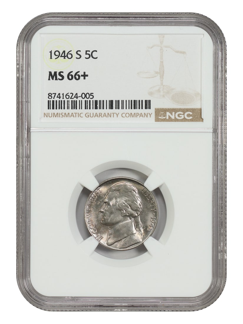 NGC MS66+ 1946-S Jefferson Nickel 5C Uncirculated: NGC MS66+ 1946-S Jefferson Nickel 5C Uncirculated 1946-S Jefferson Nickel certified by NGC and graded MS66+. This uncirculated 5C coin was minted in San Francisco and is listed as pre-owned. Specifica
