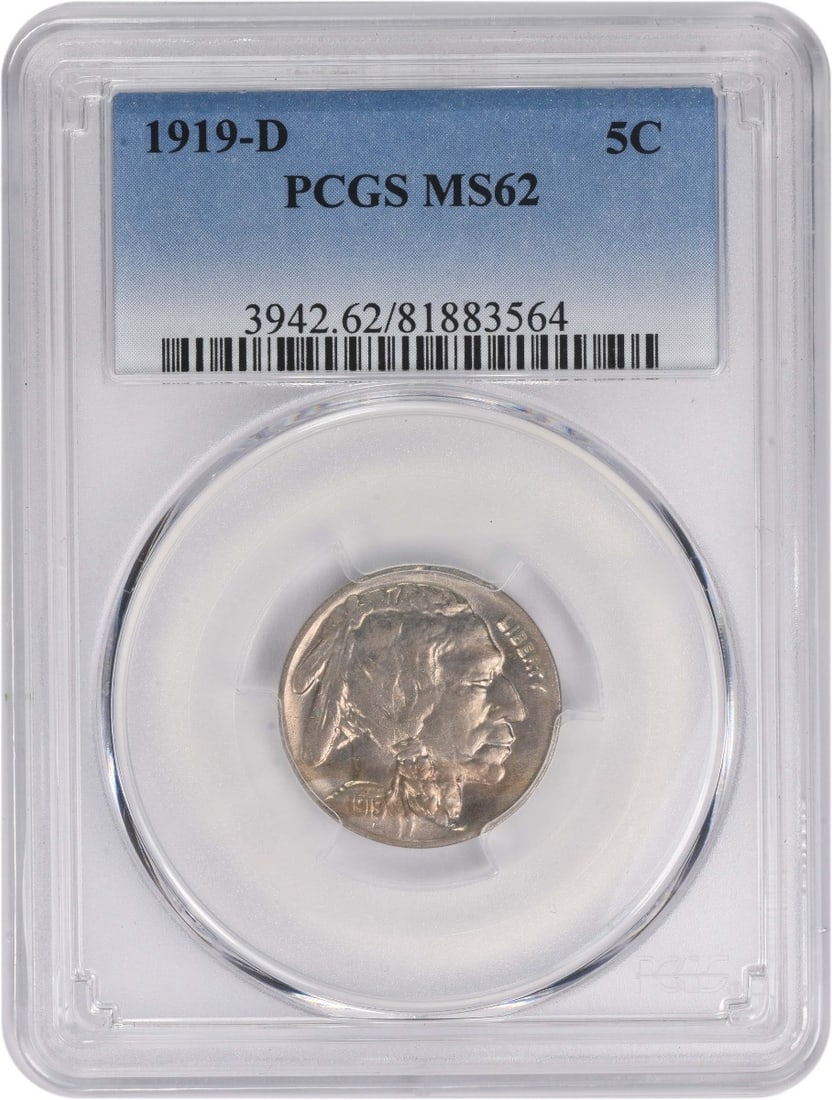 1919 Denver Buffalo Nickel MS62 Certified by PCGS: 1919 Denver Buffalo Nickel MS62 Certified by PCGS This is a 1919-D Buffalo Nickel graded MS62 by PCGS. The coin is uncirculated and features a design by James Earle Fraser. Struck at the Denver Mint, 