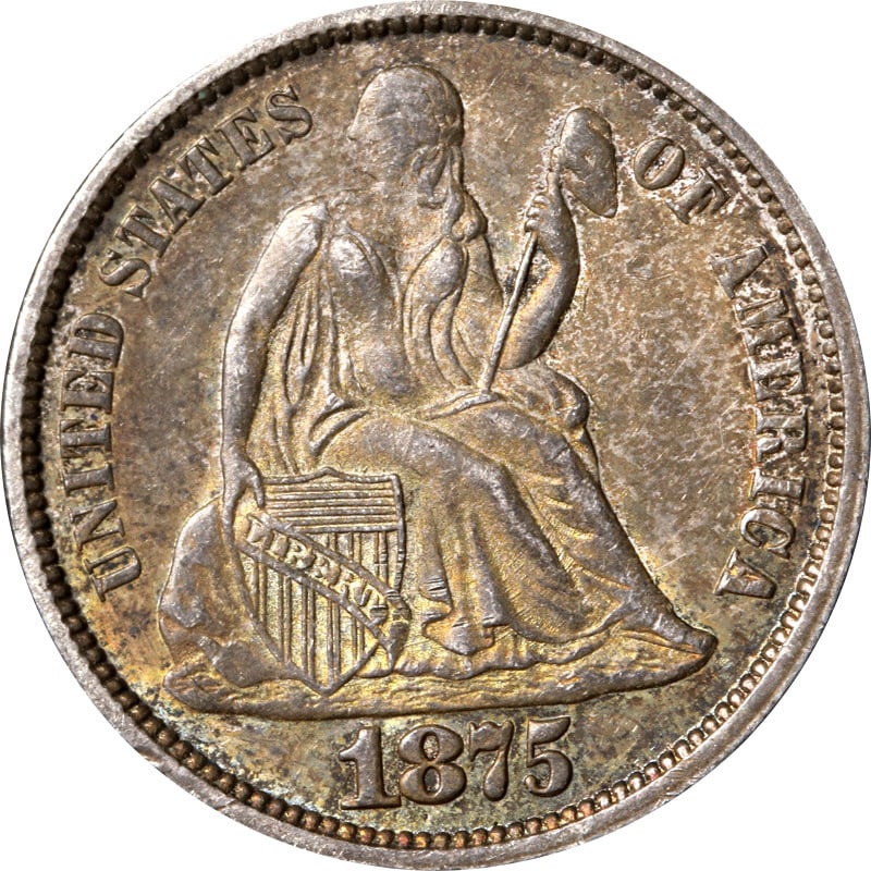 1875 P Seated Liberty Silver Dime US Coin: 1875 P Seated Liberty Silver Dime US Coin An 1875-P Seated Liberty Dime in circulated condition. The coin is composed of silver with 0.9 fineness and is listed as pre-owned. This piece is uncertified 