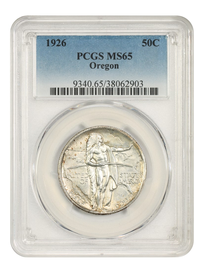 PCGS MS65 1926 Oregon 50C Classic Silver Commemorative: PCGS MS65 1926 Oregon 50C Classic Silver Commemorative 1926 50C Oregon Classic Silver Commemorative graded MS65 by PCGS. This uncirculated Philadelphia issue is described as one of the prettiest and m