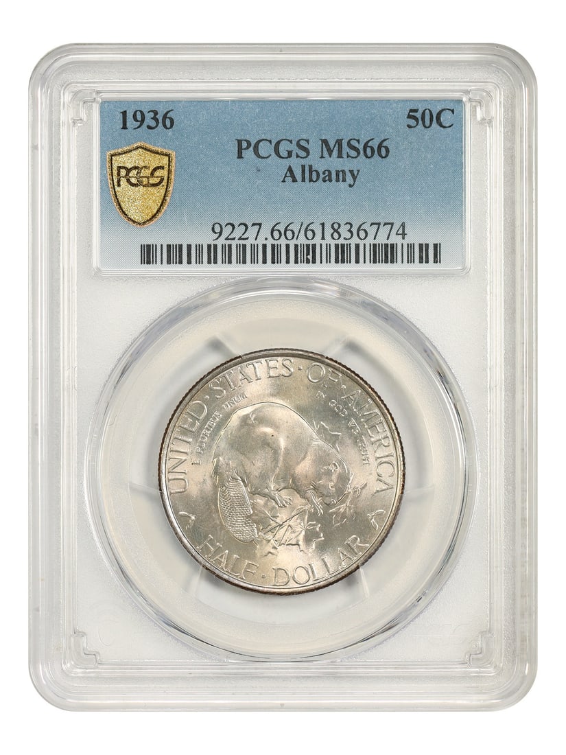 PCGS MS66 1936 Albany 50C Silver Commemorative: PCGS MS66 1936 Albany 50C Silver Commemorative 1936 50C Albany Classic Silver Commemorative, certified by PCGS as MS66. This uncirculated Philadelphia issue commemorates the 250th anniversary of the c