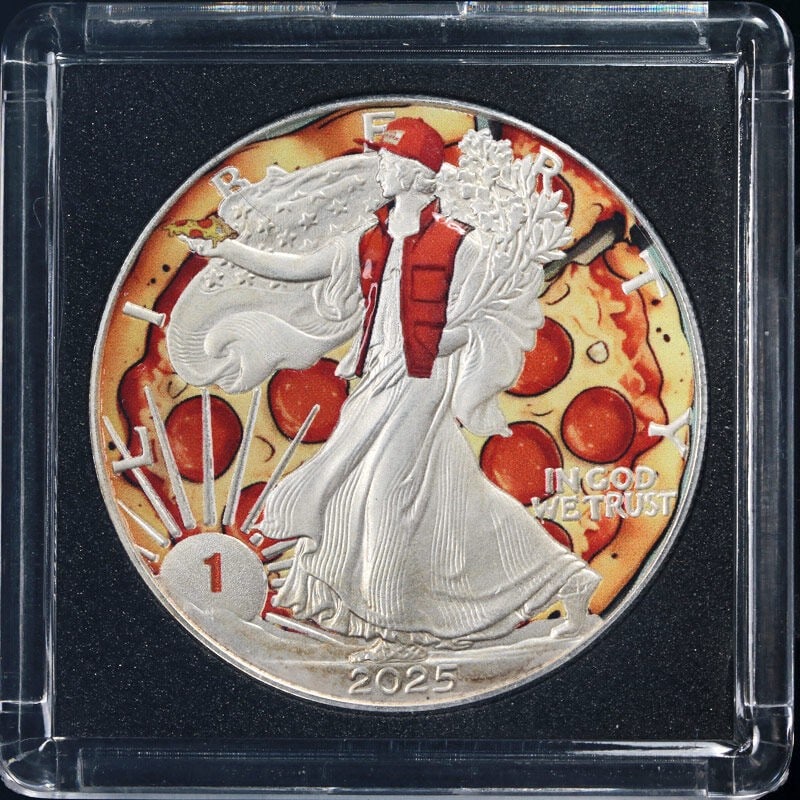 2025 Silver American Eagle $1 Pizza Serial #1 Uncirculated Coin OGP: 2025 Silver American Eagle $1 Pizza Serial #1 Uncirculated Coin OGP Discover the stunning 2025 Silver American Eagle $1 from the Favorite Foods Series, featuring the iconic Pizza design with the covet