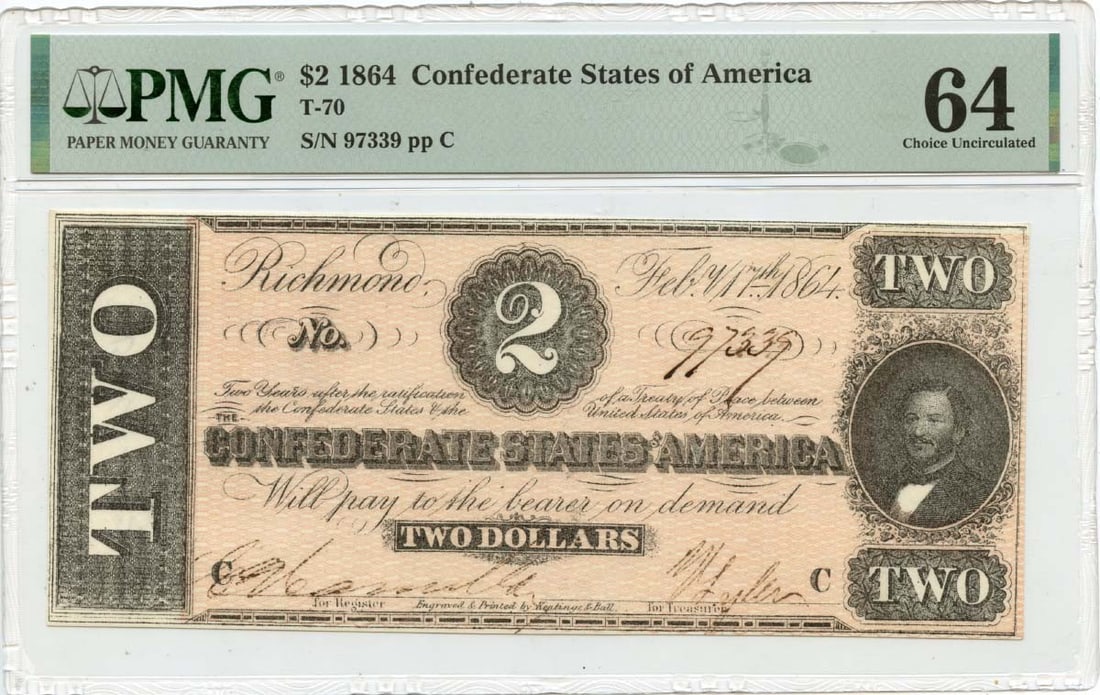 1864 Confederate States of America T-70 PMG CU64 $2 Note (1 of 2)