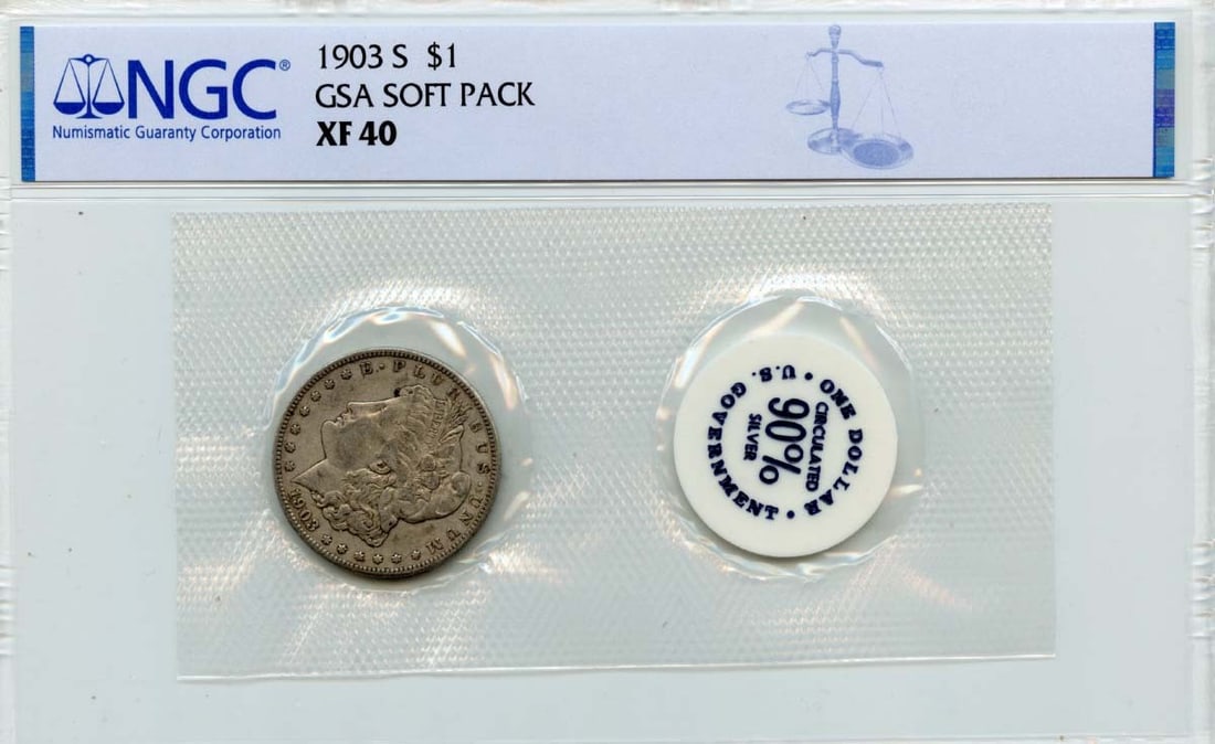 NGC XF40 1903 San Francisco Morgan Dollar in GSA Soft Pack: NGC XF40 1903 San Francisco Morgan Dollar in GSA Soft Pack This 1903-S Morgan Dollar is certified by NGC with a grade of XF40. Struck at the San Francisco Mint, this circulated coin is presented in a 