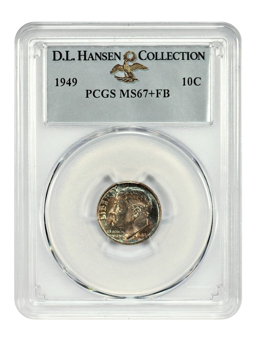 PCGS MS67+FB 1949 Roosevelt Dime 10C Philadelphia Toned: PCGS MS67+FB 1949 Roosevelt Dime 10C Philadelphia Toned 1949 Roosevelt Dime graded PCGS MS67+FB. This uncirculated Philadelphia issue shows bright blue color with purple, reddish, and golden hues, alo