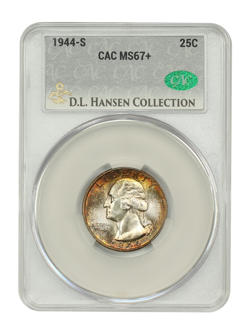 CACG MS67+ 1944-S Washington Quarter 25C ex D.L. Hansen: CACG MS67+ 1944-S Washington Quarter 25C ex D.L. Hansen 1944-S Washington Quarter certified by CACG and graded MS67+. This uncirculated coin is described as intensely lustrous and beautifully preserve